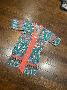 LuLaRoe Shirley Kimono Teal Orange Floral Geometric Pattern Duster
